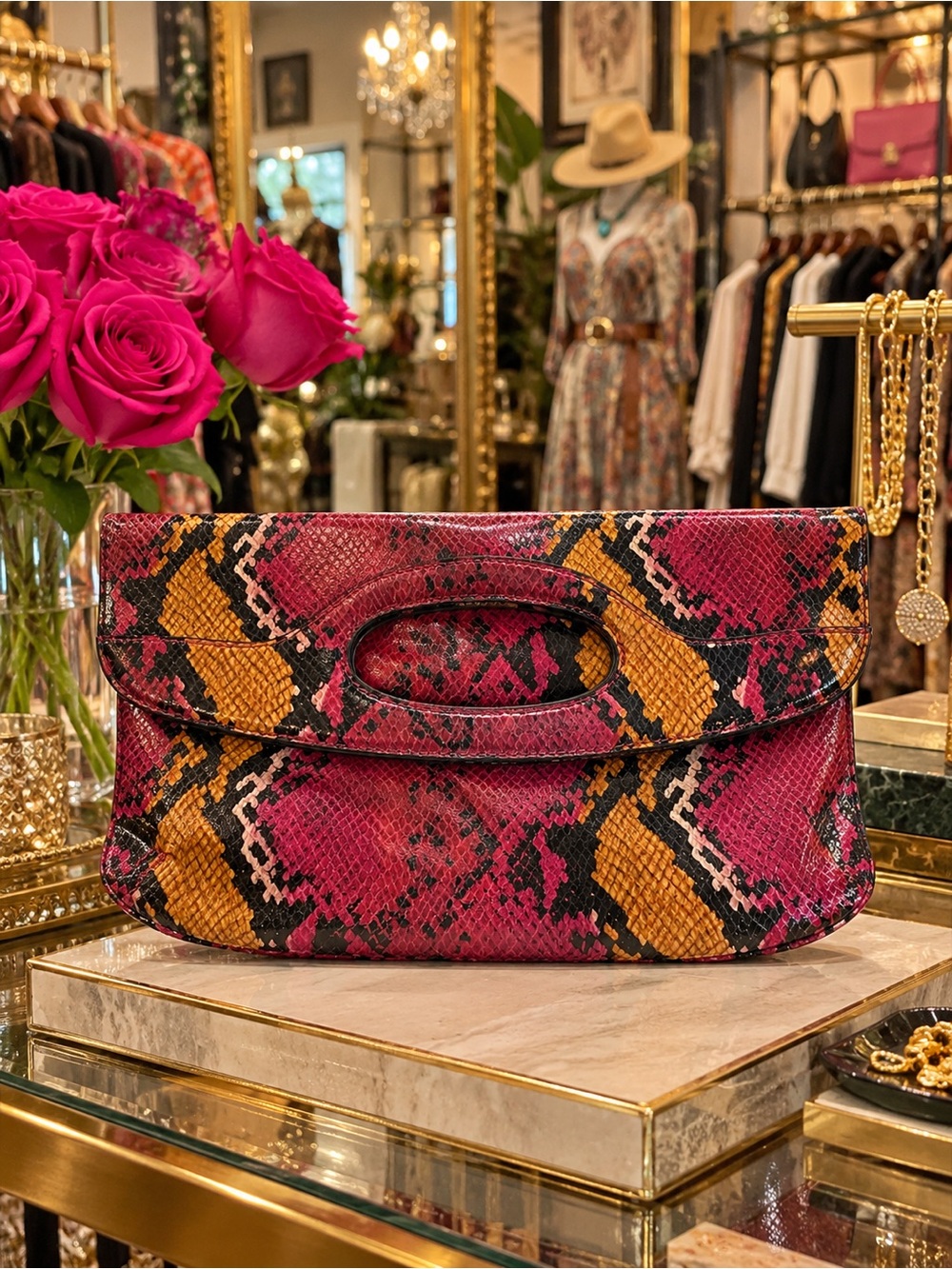 Nine & Co. Pink and Mustard Snake-Print Leather Clutch